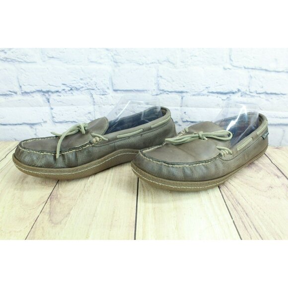 LL Bean Flannel Lined Moccasin Slippers Brown Leather Handsewn Size 11 M - Picture 2 of 9